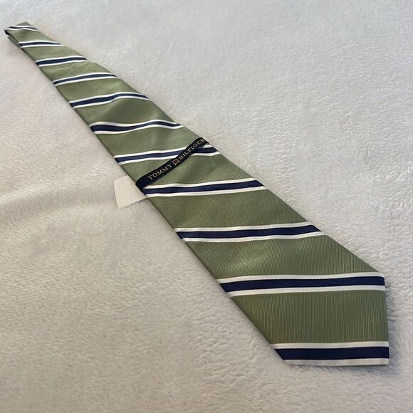 NWT Tommy Hilfiger Green with Navy & White Stripes Silk Tie - Picture 5 of 11